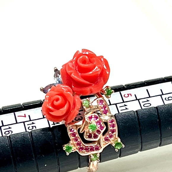 Natural Coral Emerald Aquamarine Garnet 14KGP Ring - Picture 4 of 6